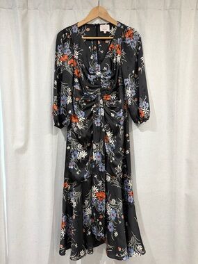 cinq a sept Black Floral Midi Dress with Orange and Blue Blossoms
